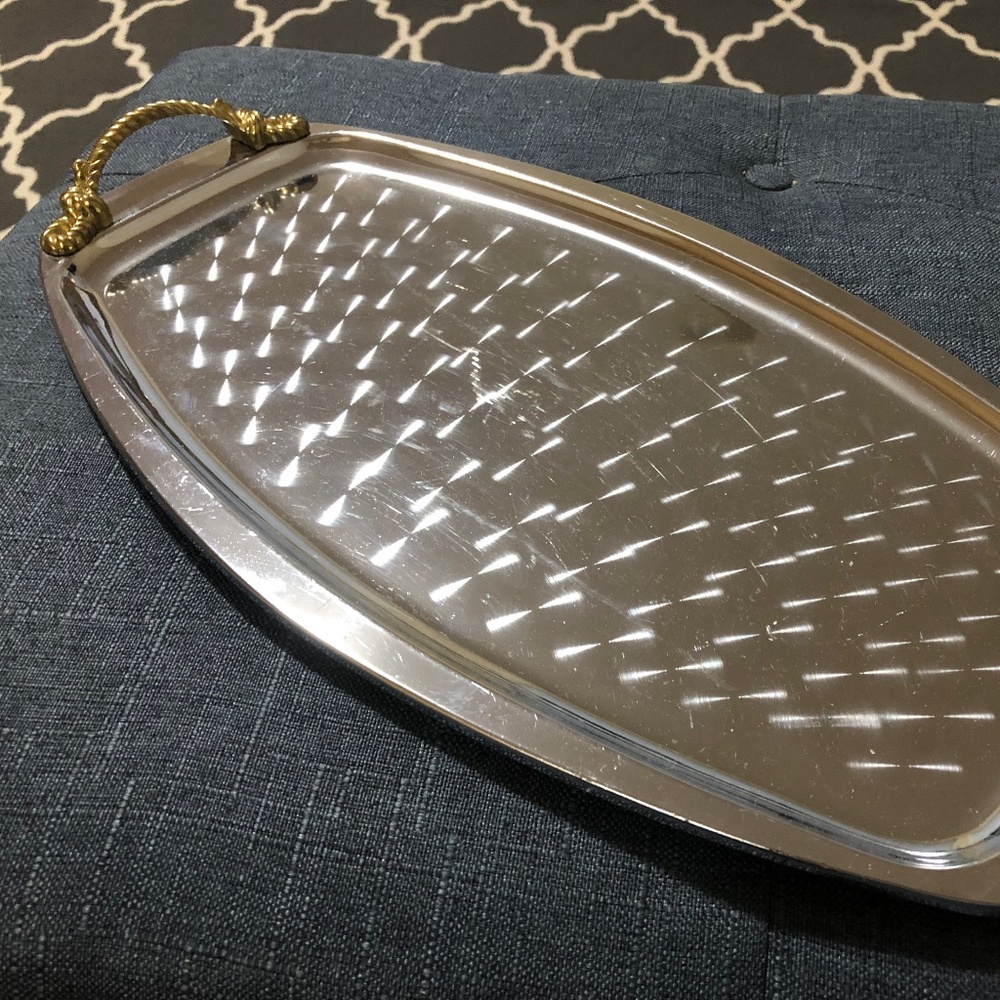 Stainless steel tray with brass handles, made in Japan
